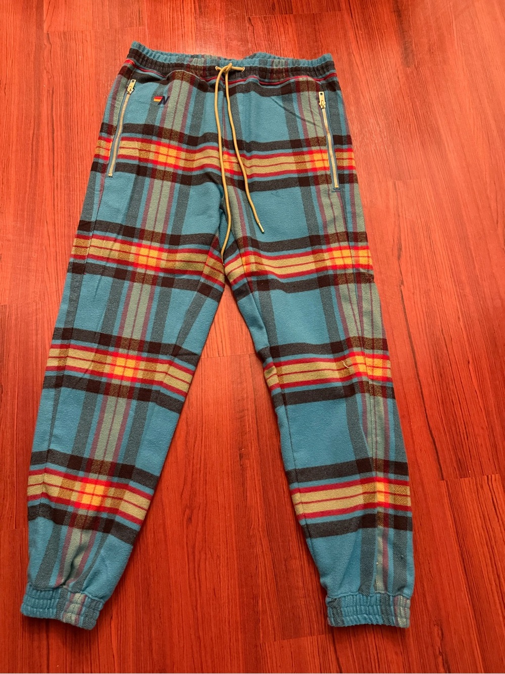 Aviator Nation Teal Plaid Fleece Joggers with Yellow Drawcord